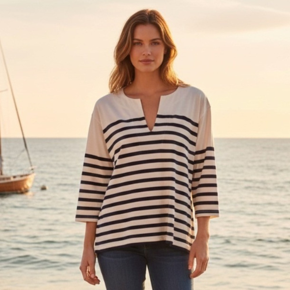 J. Crew Large Mariner Cloth navy white stripe nautical tunic women resort beachy